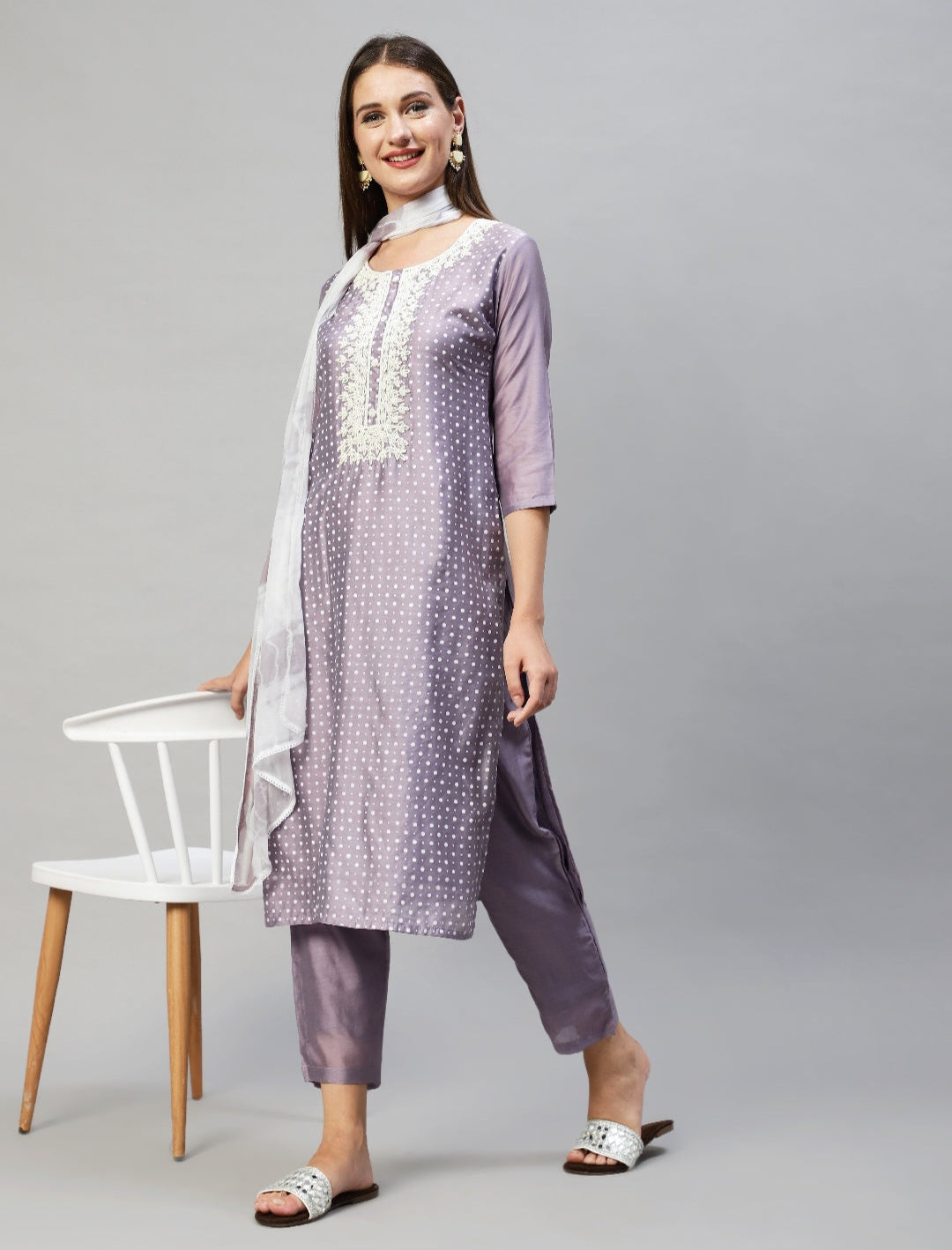 A1104 Polka Dots Printed & Hand Embroidered Suit - Lavender