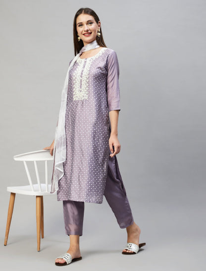 Polka Dots Printed & Hand Embroidered Kurta with Pants & Dupatta - Lavender