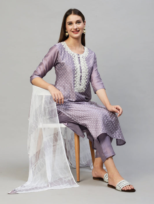 A1104 Polka Dots Printed & Hand Embroidered Suit - Lavender