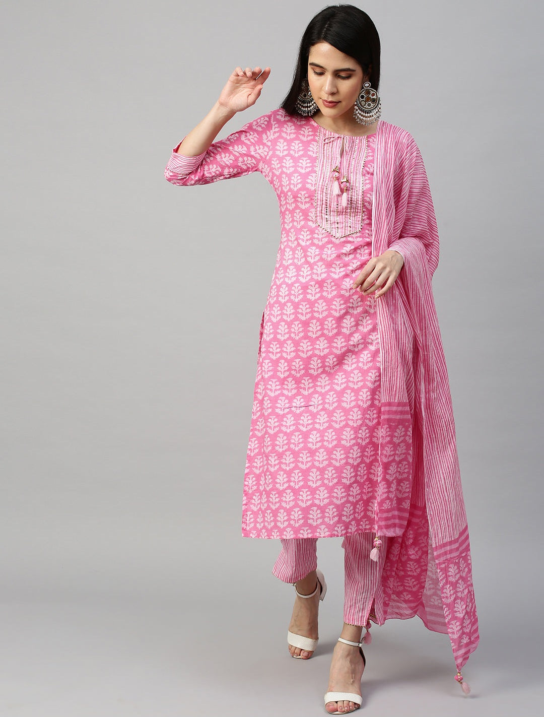 Ethnic Printed Three Piece Suit - Pastel Pink