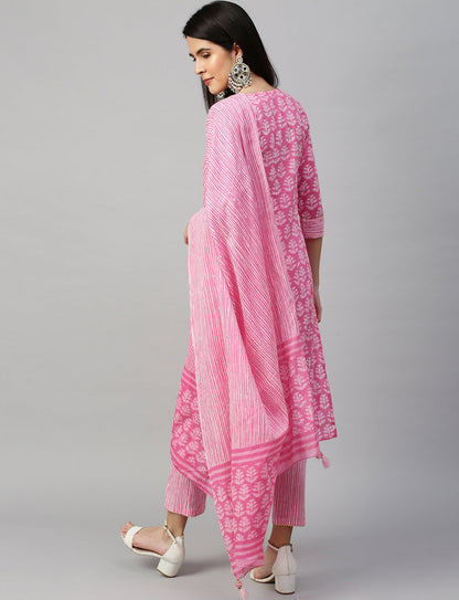 Ethnic Printed Three Piece Suit - Pastel Pink