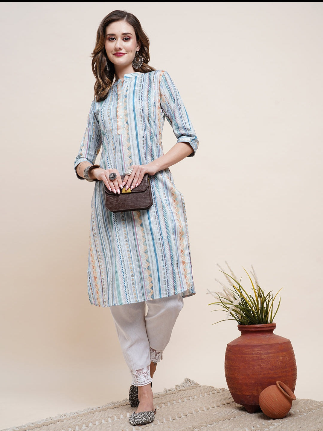 Stripes & Geometric Printed Crystal Hot Fix Ornamented Mother-Of-Pearl Buttoned Only Kurta