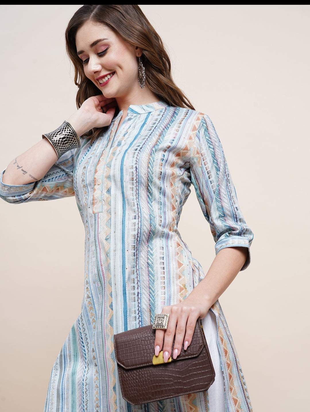 Stripes & Geometric Printed Crystal Hot Fix Ornamented Mother-Of-Pearl Buttoned Only Kurta