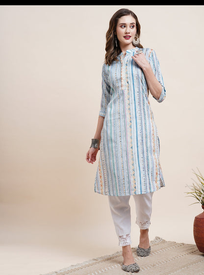 Stripes & Geometric Printed Crystal Hot Fix Ornamented Mother-Of-Pearl Buttoned Only Kurta