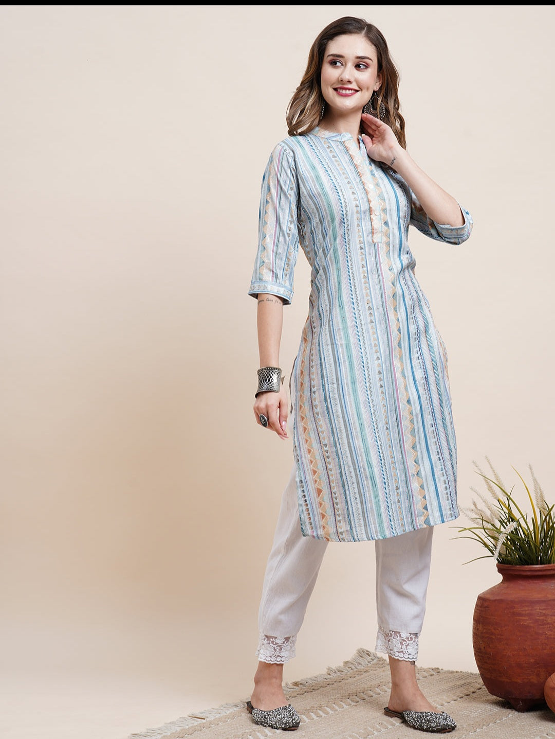 Stripes & Geometric Printed Crystal Hot Fix Ornamented Mother-Of-Pearl Buttoned Only Kurta