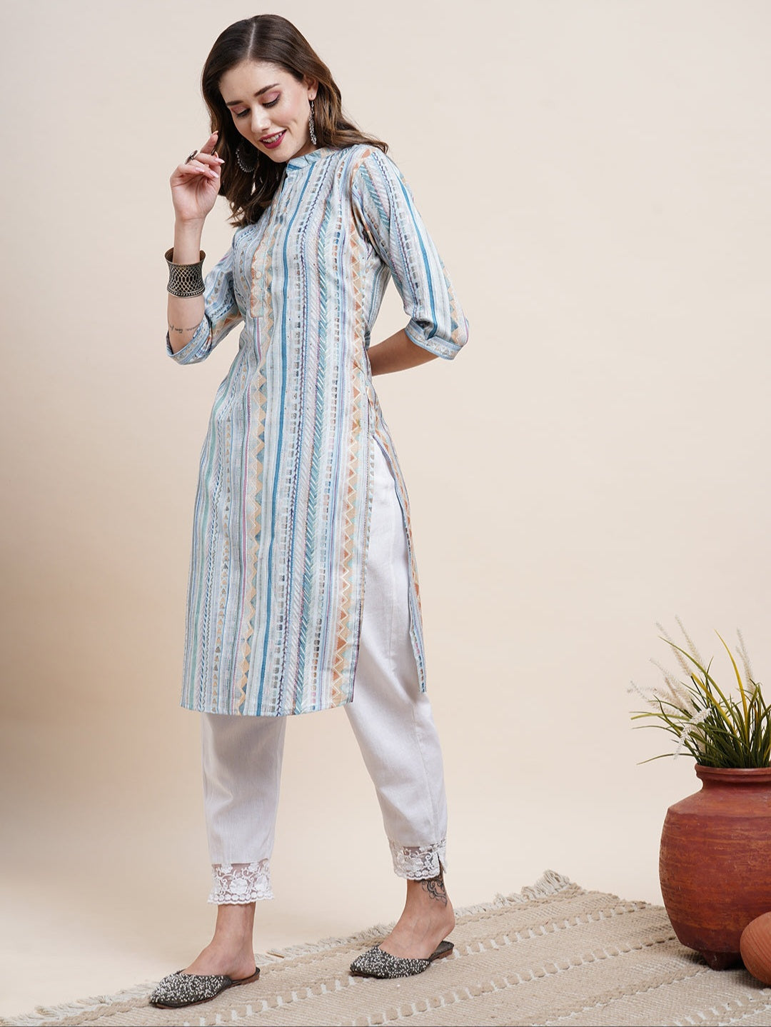 Stripes & Geometric Printed Crystal Hot Fix Ornamented Mother-Of-Pearl Buttoned Only Kurta