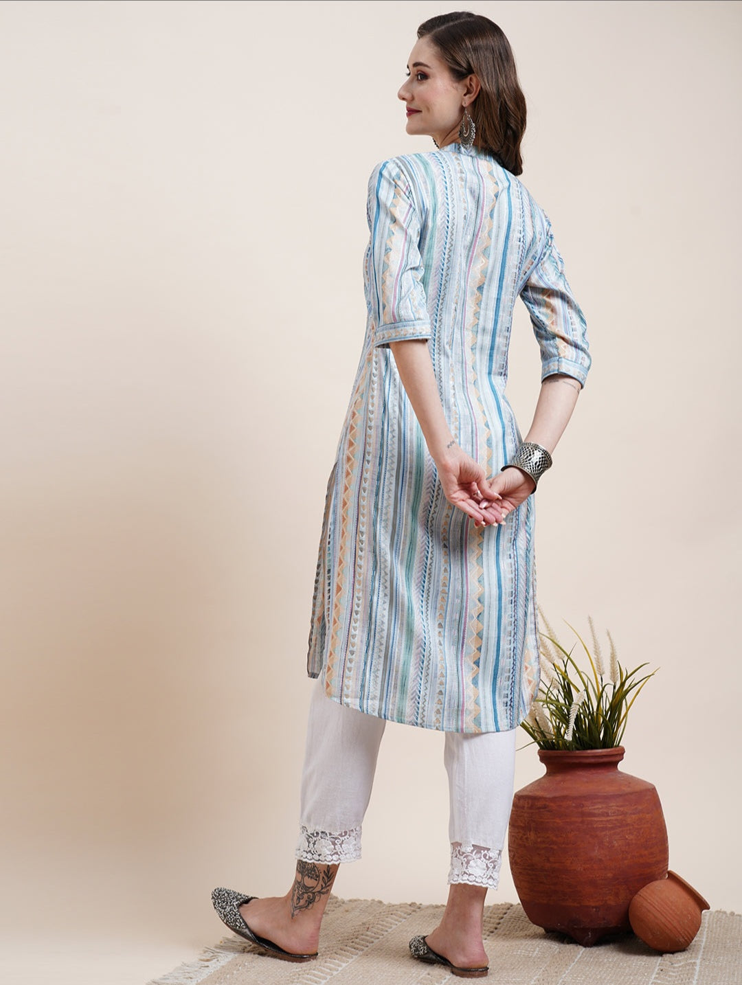 Stripes & Geometric Printed Crystal Hot Fix Ornamented Mother-Of-Pearl Buttoned Only Kurta