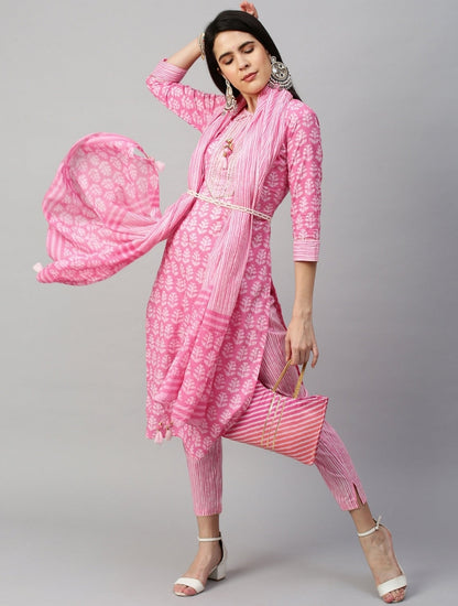 Ethnic Printed Three Piece Suit - Pastel Pink