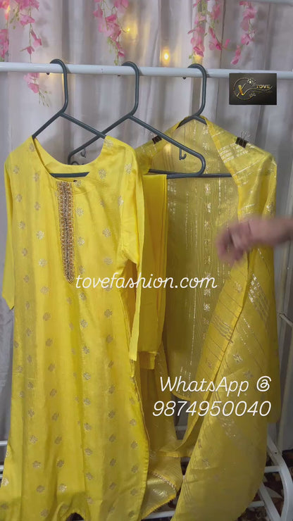 Haldi-Coloured Banarasi Weaving Cotton Silk Suit with Beautiful Handwork