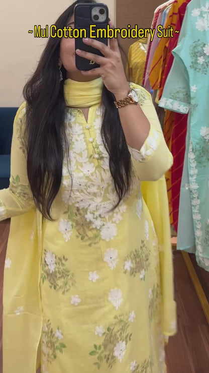 A1823 Noor Lucknowi Chikankari Mulmul Cotton Suit Set(LEMON YELLOW)