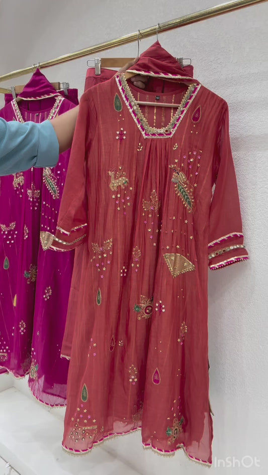 B2032 Pure Banarasi Mul Chanderi Suit with Lurex lining(Rust Orange)